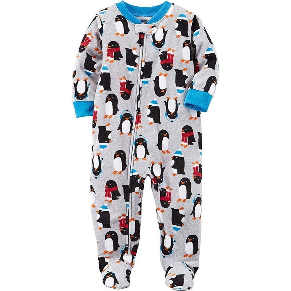 NEW Carter's Boys Winter Penguins Plush Fleece Grey Pajama Sleeper Multiple Size
